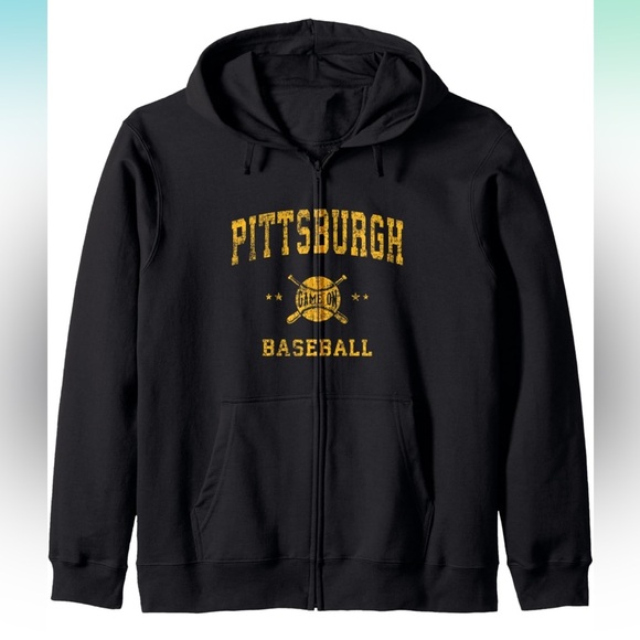 Pittsburgh Vintage Baseball Throwback Retro Design Full Zip Hoodie Sz XL Black - Picture 1 of 9